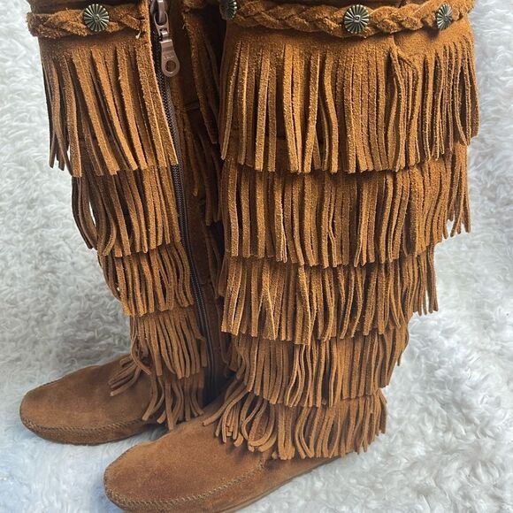 MINNETONKA Brown leather suede3 layer Tier Fringe Moccasin Boots side zipper SZ7 - Picture 1 of 10